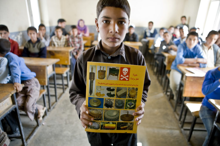 Dako village , 35 km north of Kabul, on the front line between rival armed groups throughout the 1990s. Afghanistan Red Crescent Society carries out min risk education to the village's primary school, alerting the exclusively male students to the dangers of landmines and other explosve remnants of war. Only recently, a 10-year old boy in the village found an explosve device in his garden and lost his hand.